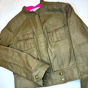 Diane Von Furstenburg Sz 8 Y2K Army Green Linen Blend Mess Bomber Utility Jacket